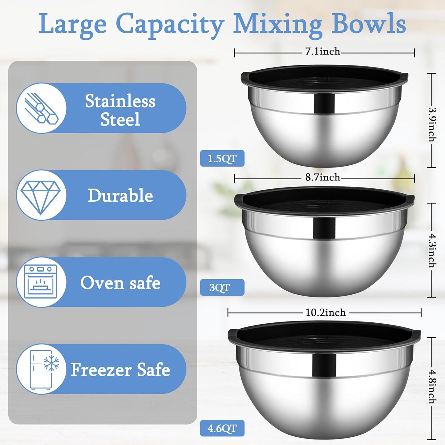 Mixing Bowls with Airtight Lids Sets, 3 Packs Stainless Steel Metal Mixing Bowls, Ideal for Prepping, Cooking, Storage, Serving, Freezer & Dishwasher Safe, Khaki