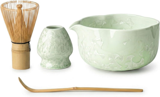 4-Piece Matcha Set with Crystal Glazed Matcha Bowl & Bamboo Whisk | Handcrafted Petal Crystal Glaze, Unique Pattern, 100-Prong Bamboo Whisk, Creamy Foam, Japanese Tea Ceremony, Tea Lover Gift