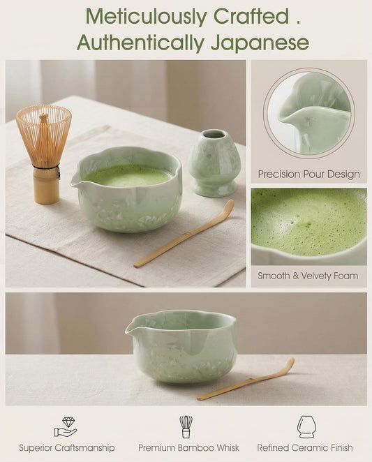 4-Piece Matcha Set with Crystal Glazed Matcha Bowl & Bamboo Whisk | Handcrafted Petal Crystal Glaze, Unique Pattern, 100-Prong Bamboo Whisk, Creamy Foam, Japanese Tea Ceremony, Tea Lover Gift