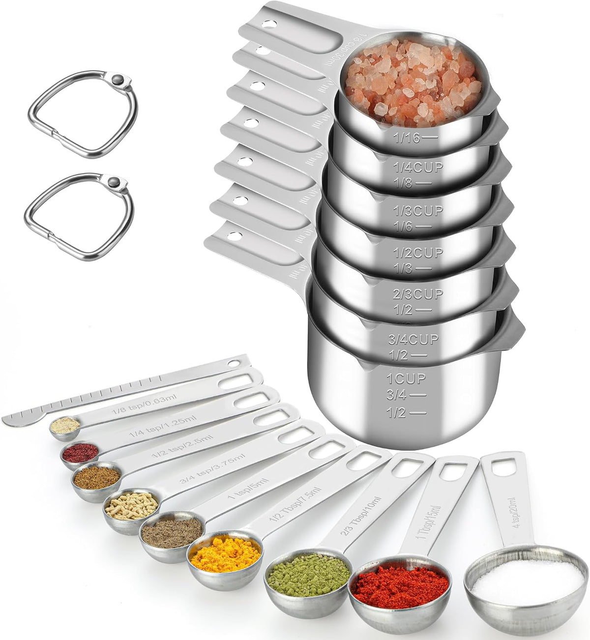 17 Pieces Measuring Cups & Spoons set, 7 Cups, 9 Spoons, 1 Leveler, 18/8 Stainless Steel，Kitchen Gadgets for Cooking & Baking with two Ring Connector, Silver