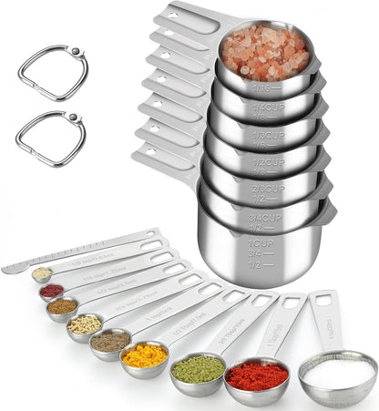 17 Pieces Measuring Cups & Spoons set, 7 Cups, 9 Spoons, 1 Leveler, 18/8 Stainless Steel，Kitchen Gadgets for Cooking & Baking with two Ring Connector, Silver