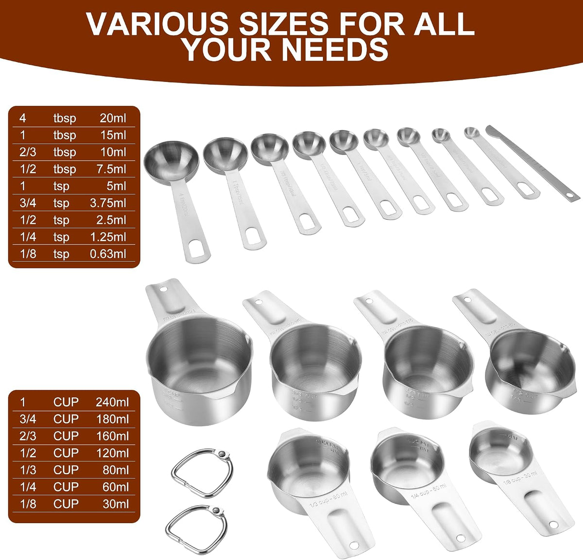 17 Pieces Measuring Cups & Spoons set, 7 Cups, 9 Spoons, 1 Leveler, 18/8 Stainless Steel，Kitchen Gadgets for Cooking & Baking with two Ring Connector, Silver