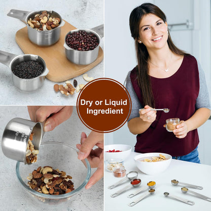 17 Pieces Measuring Cups & Spoons set, 7 Cups, 9 Spoons, 1 Leveler, 18/8 Stainless Steel，Kitchen Gadgets for Cooking & Baking with two Ring Connector, Silver