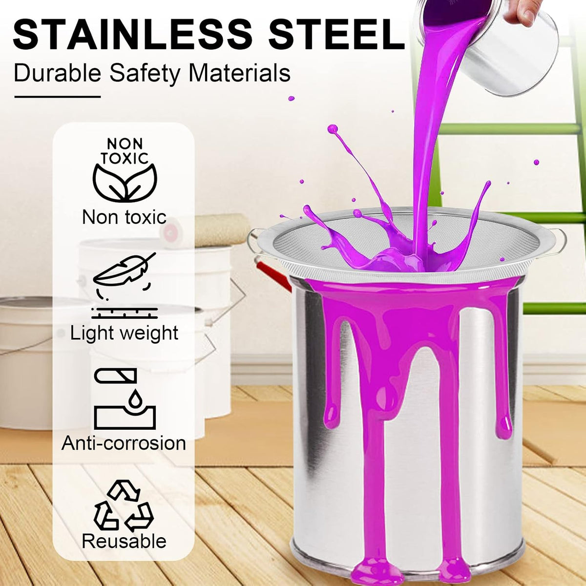 4 Packs Fine Mesh Paint Strainer 60 Mesh Stainless Steel Paint Filter Emulsion Honey Funnel Filter Cover Fits 5 Gallon Paint Bucket Filter Tool Insert