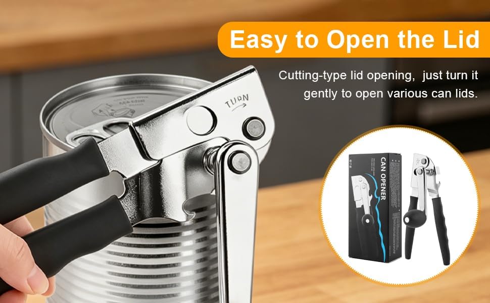 Manual Can Opener Heavy Duty, Handheld Stainless Steel Opener with Folding Crank Handle and Bottle Opener, 8.86 x 2.36 x 3.94 in, Black and Silver, 1 Pack