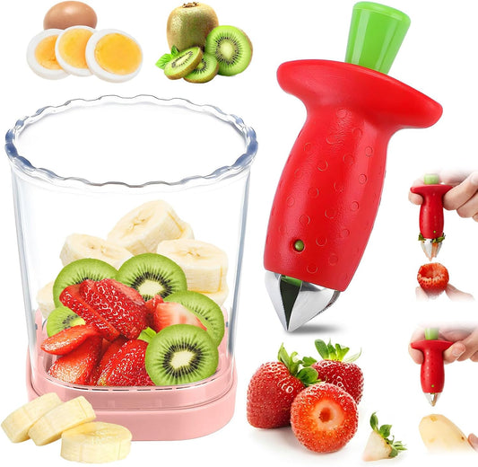 2-in-1 Strawberry Huller with Strawberry Slicer Set，StrawberryCutter，StrawberryCorer Tool，2 Pack (Color-B)