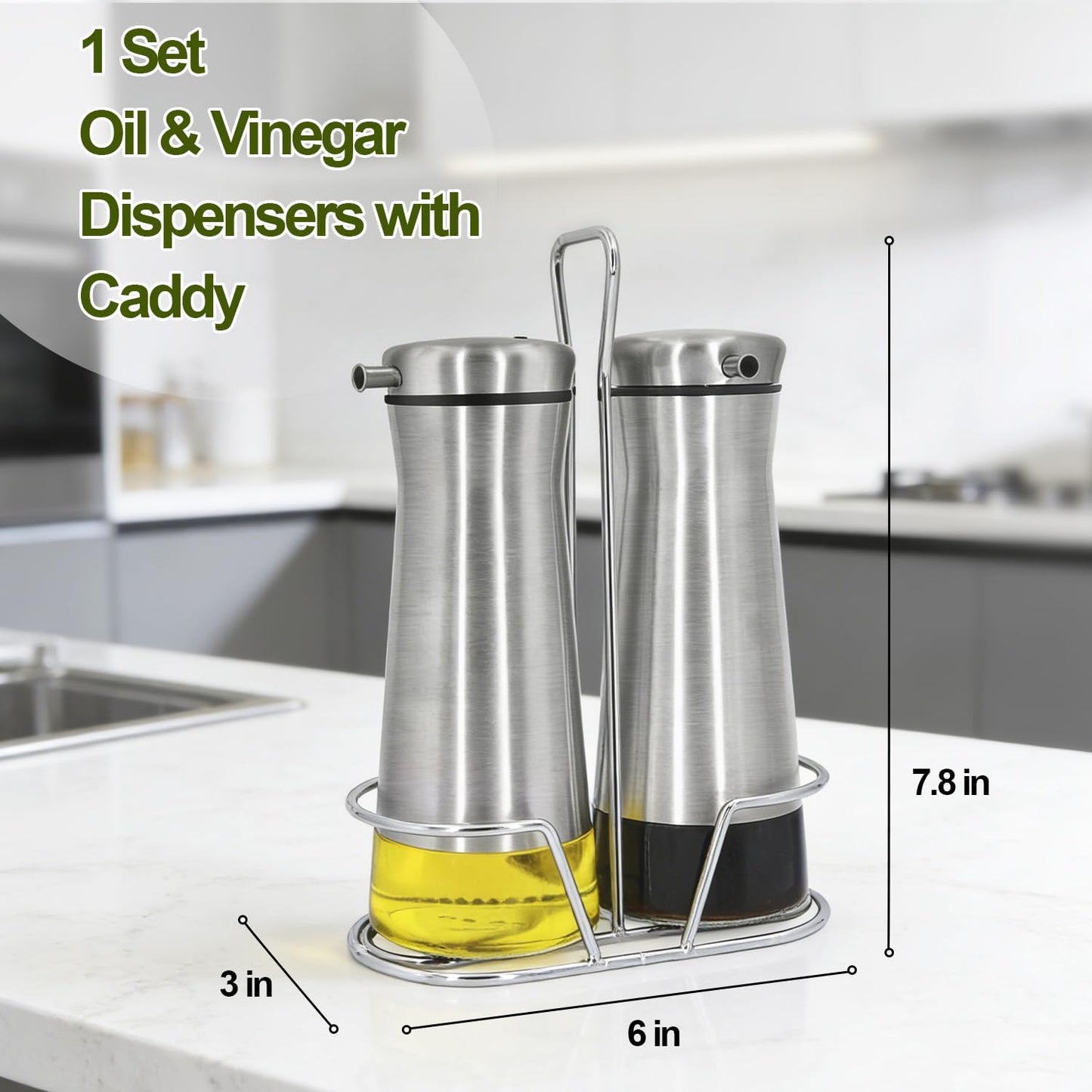 Oil And Vinegar Dispenser Set with Caddy - 2 Pack Oil Dispenser Bottle for Kitchen with No-Drip - Kitchen Decor and Accessories for Home Restaurants Weddings