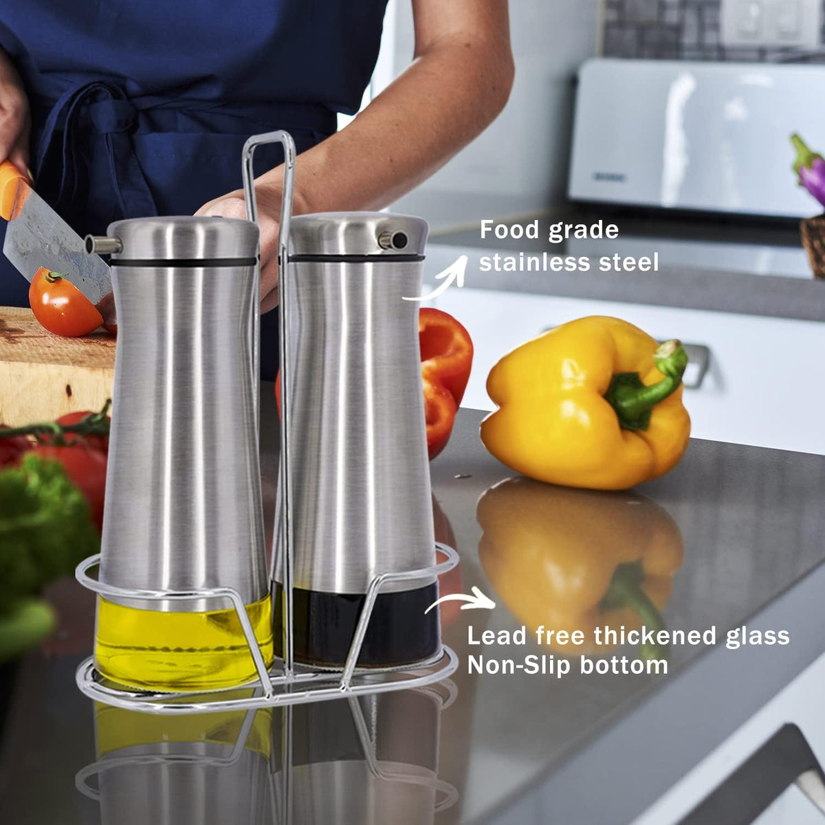 Oil And Vinegar Dispenser Set with Caddy - 2 Pack Oil Dispenser Bottle for Kitchen with No-Drip - Kitchen Decor and Accessories for Home Restaurants Weddings