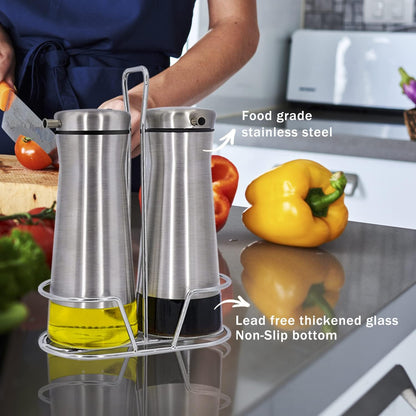 Oil And Vinegar Dispenser Set with Caddy - 2 Pack Oil Dispenser Bottle for Kitchen with No-Drip - Kitchen Decor and Accessories for Home Restaurants Weddings