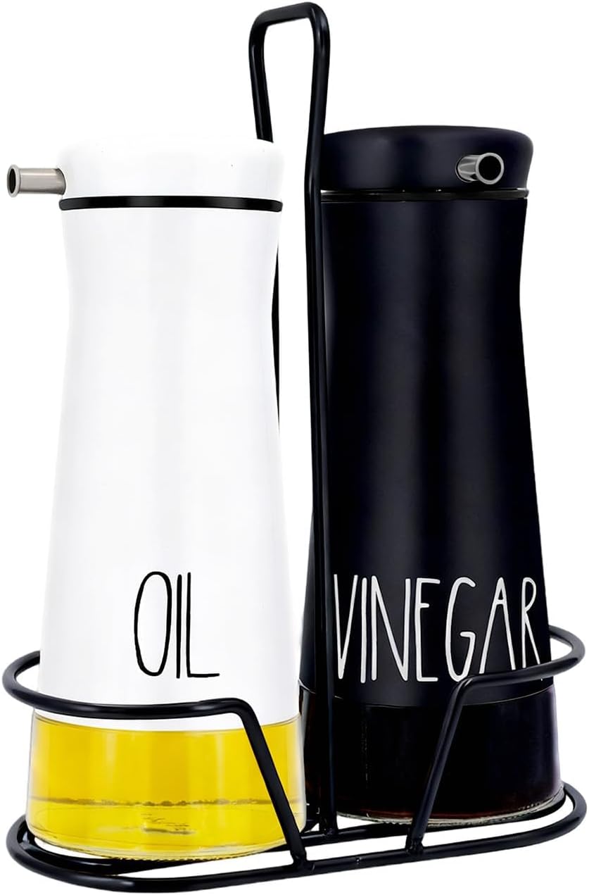 Oil And Vinegar Dispenser Set with Caddy - 2 Pack Oil Dispenser Bottle for Kitchen with No-Drip - Kitchen Decor and Accessories for Home Restaurants Weddings