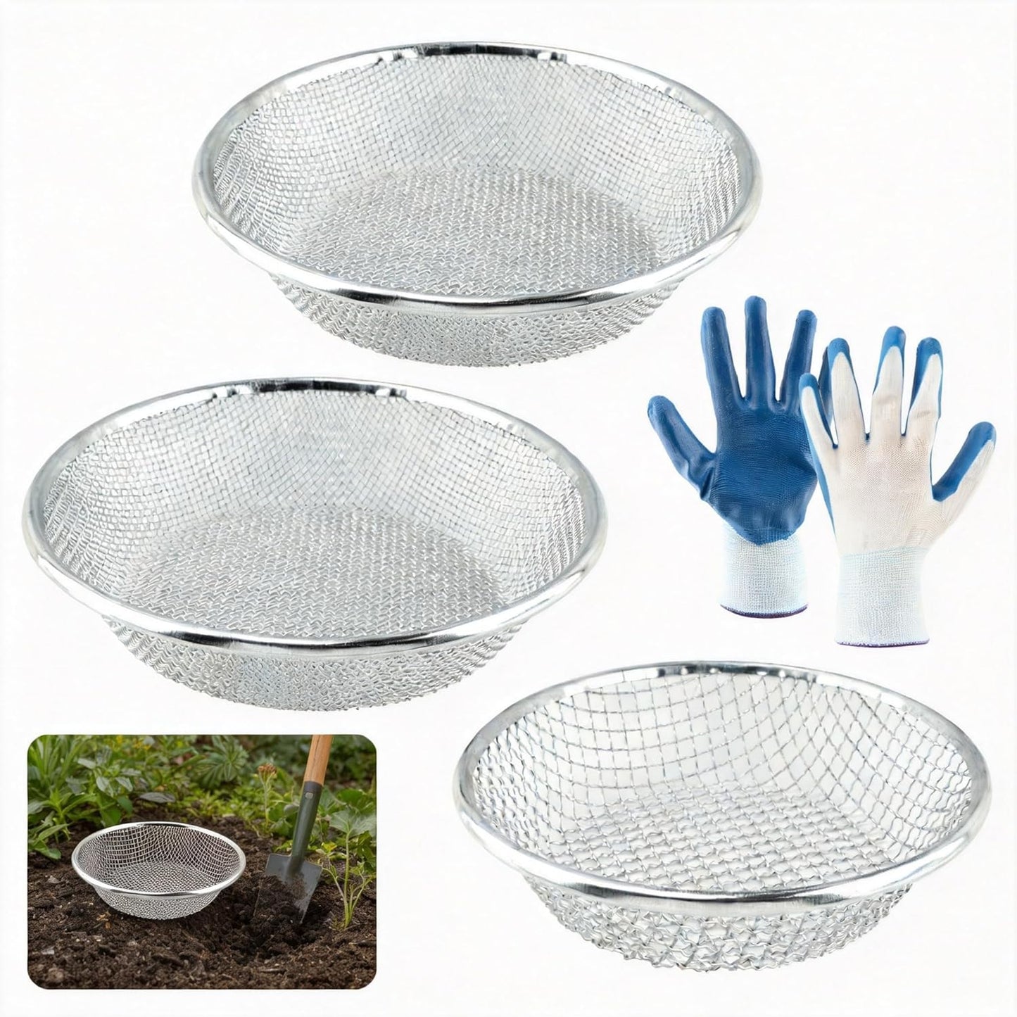 3 Pcs Gardening Sieve with Mesh Strainer, Soil Sifter Screens for 5 Gallon Buckets, Iron Bucket-Top Sieve Set with Gloves, Dirt Sifter for Gardening with 3/8“, 1/4” & 1/8“ Mesh for Compost
