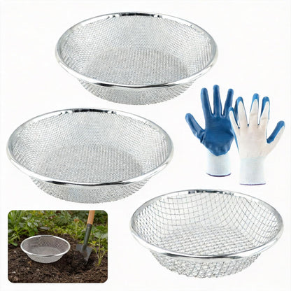 3 Pcs Gardening Sieve with Mesh Strainer, Soil Sifter Screens for 5 Gallon Buckets, Iron Bucket-Top Sieve Set with Gloves, Dirt Sifter for Gardening with 3/8“, 1/4” & 1/8“ Mesh for Compost
