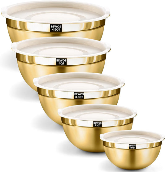 5PCS Mixing Bowls with Lids Set - 5 Stainless Steel Mixing Bowls, Dishwasher Safe, Ideal for Baking & Meal Prep, Stackable Design for Easy Storage