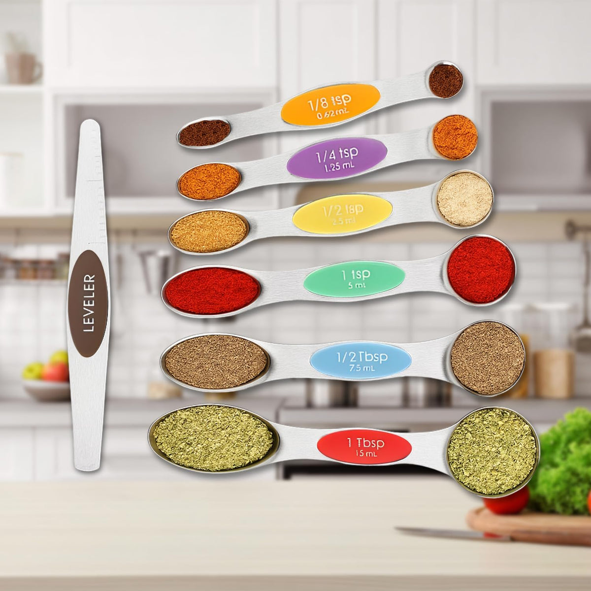 Magnetic Measuring Spoons Set with Strong N45 Magnets, Heavy Duty Stainless Steel Metal, Fits in Most Kitchen Spice Jars for Baking & Cooking, BPA Free, Set of 7 with Levelerl, Multicolour