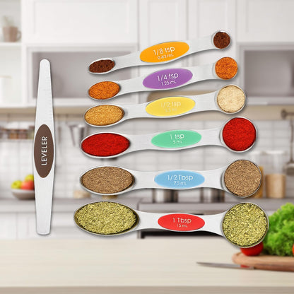 Magnetic Measuring Spoons Set with Strong N45 Magnets, Heavy Duty Stainless Steel Metal, Fits in Most Kitchen Spice Jars for Baking & Cooking, BPA Free, Set of 7 with Levelerl, Multicolour