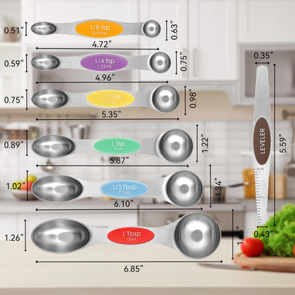 Magnetic Measuring Spoons Set with Strong N45 Magnets, Heavy Duty Stainless Steel Metal, Fits in Most Kitchen Spice Jars for Baking & Cooking, BPA Free, Set of 7 with Levelerl, Multicolour
