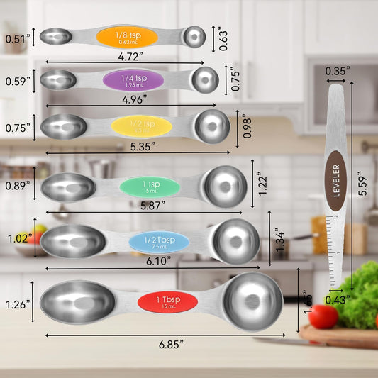 Magnetic Measuring Spoons Set with Strong N45 Magnets, Heavy Duty Stainless Steel Metal, Fits in Most Kitchen Spice Jars for Baking & Cooking, BPA Free, Set of 7 with Levelerl, Multicolour