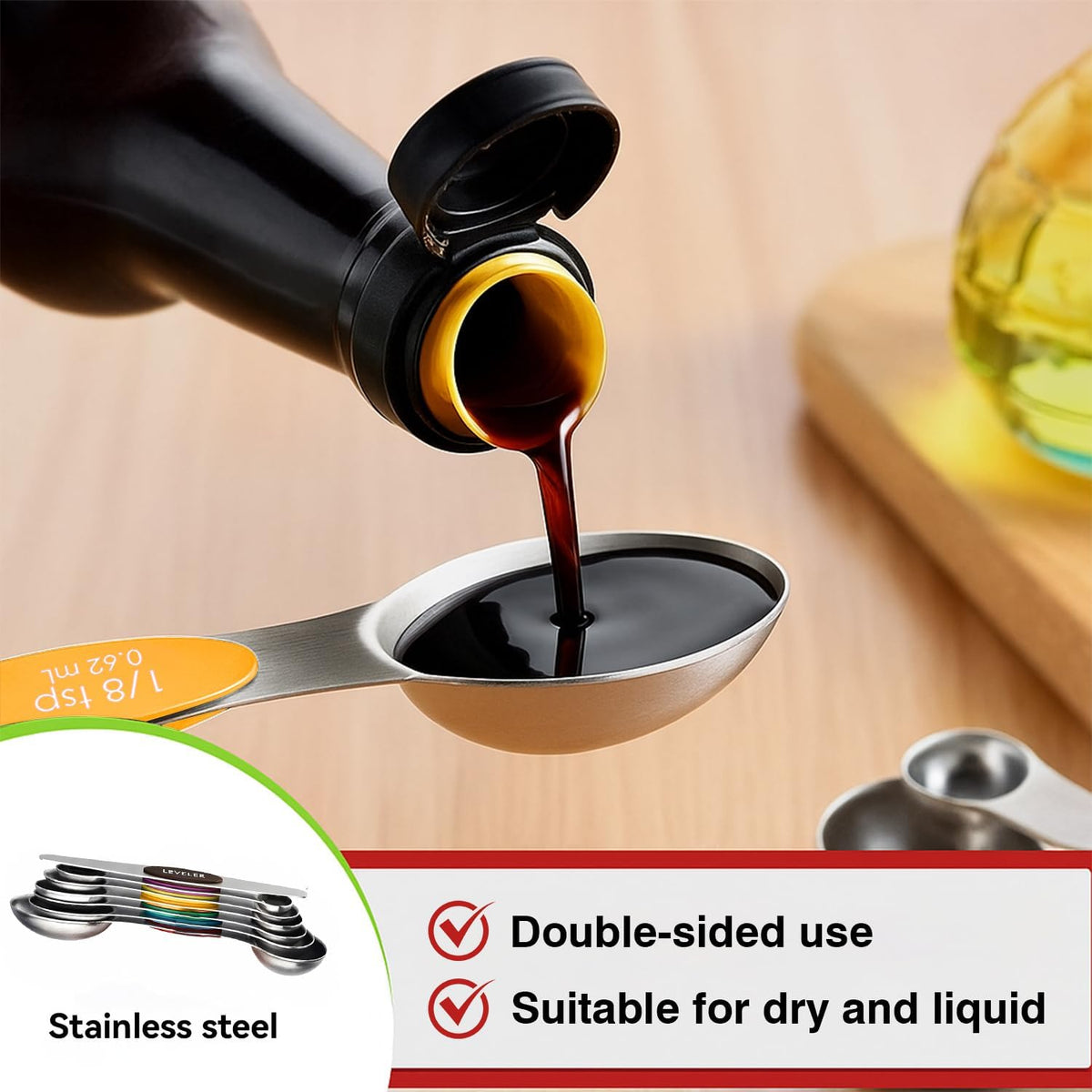 Magnetic Measuring Spoons Set with Strong N45 Magnets, Heavy Duty Stainless Steel Metal, Fits in Most Kitchen Spice Jars for Baking & Cooking, BPA Free, Set of 7 with Levelerl, Multicolour