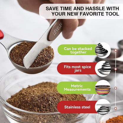 Magnetic Measuring Spoons Set with Strong N45 Magnets, Heavy Duty Stainless Steel Metal, Fits in Most Kitchen Spice Jars for Baking & Cooking, BPA Free, Set of 7 with Levelerl, Multicolour