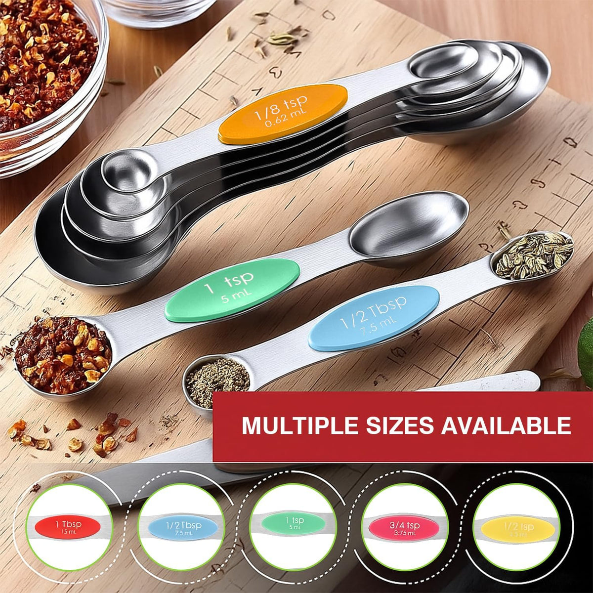 Magnetic Measuring Spoons Set with Strong N45 Magnets, Heavy Duty Stainless Steel Metal, Fits in Most Kitchen Spice Jars for Baking & Cooking, BPA Free, Set of 7 with Levelerl, Multicolour