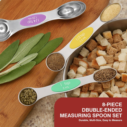 Magnetic Measuring Spoons Set with Strong N45 Magnets, Heavy Duty Stainless Steel Metal, Fits in Most Kitchen Spice Jars for Baking & Cooking, BPA Free, Set of 7 with Levelerl, Multicolour