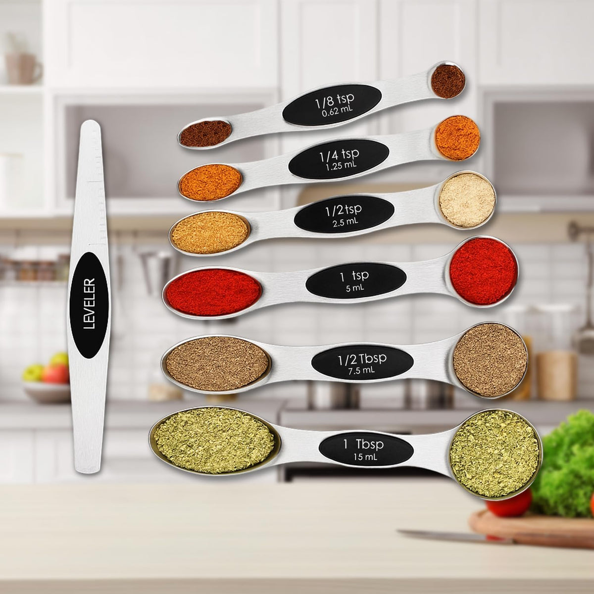 Magnetic Measuring Spoons Set with Strong N45 Magnets, Heavy Duty Stainless Steel Metal, Fits in Most Kitchen Spice Jars for Baking & Cooking, BPA Free, Set of 7 with Levelerl, Multicolour