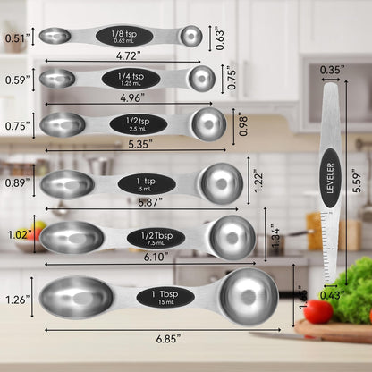 Magnetic Measuring Spoons Set with Strong N45 Magnets, Heavy Duty Stainless Steel Metal, Fits in Most Kitchen Spice Jars for Baking & Cooking, BPA Free, Set of 7 with Levelerl, Multicolour