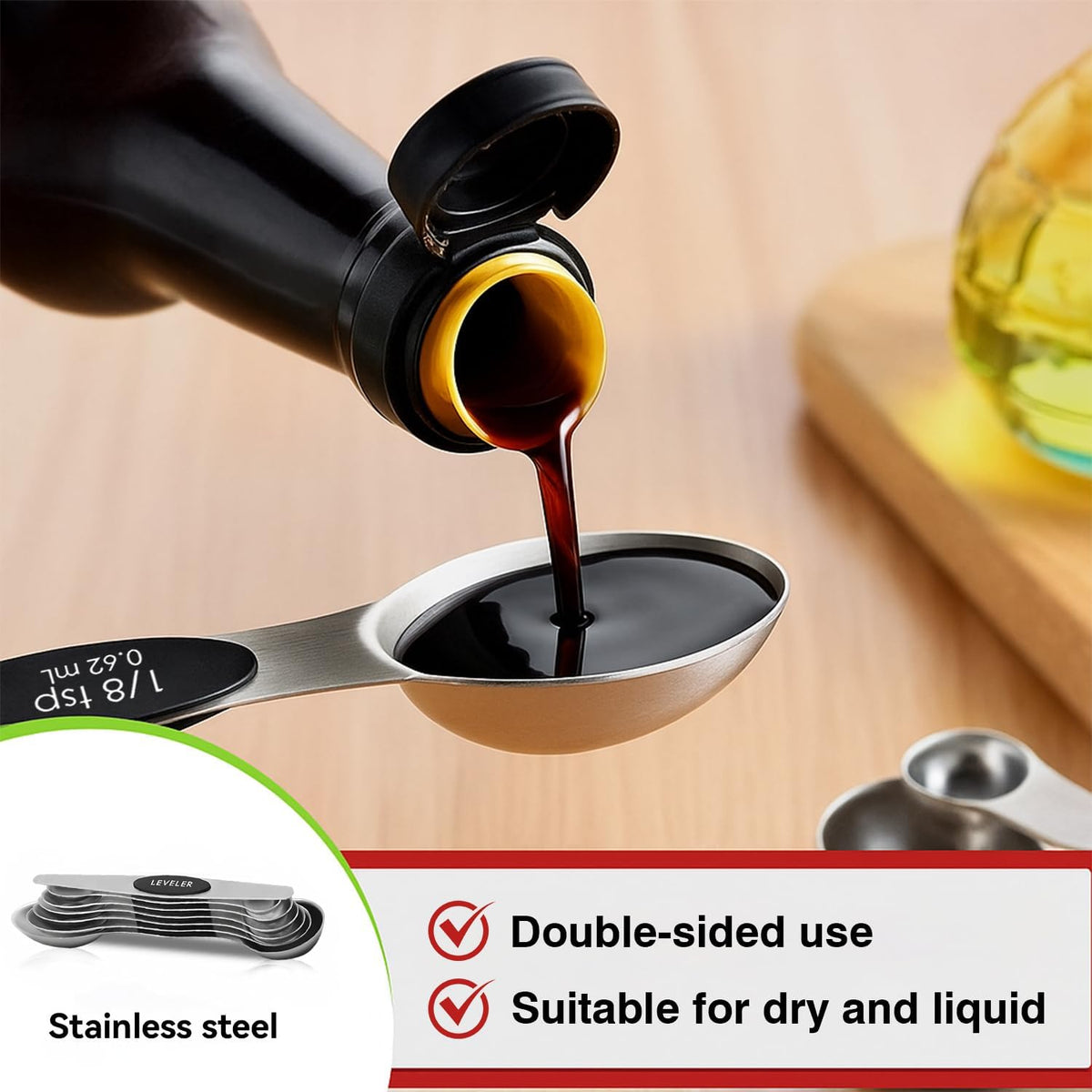 Magnetic Measuring Spoons Set with Strong N45 Magnets, Heavy Duty Stainless Steel Metal, Fits in Most Kitchen Spice Jars for Baking & Cooking, BPA Free, Set of 7 with Levelerl, Multicolour