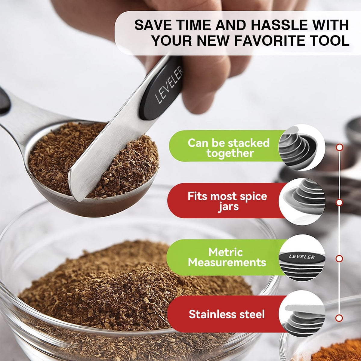 Magnetic Measuring Spoons Set with Strong N45 Magnets, Heavy Duty Stainless Steel Metal, Fits in Most Kitchen Spice Jars for Baking & Cooking, BPA Free, Set of 7 with Levelerl, Multicolour