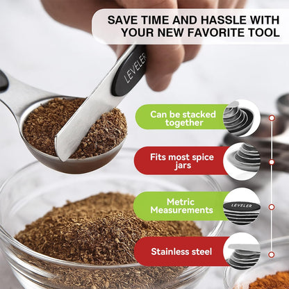 Magnetic Measuring Spoons Set with Strong N45 Magnets, Heavy Duty Stainless Steel Metal, Fits in Most Kitchen Spice Jars for Baking & Cooking, BPA Free, Set of 7 with Levelerl, Multicolour
