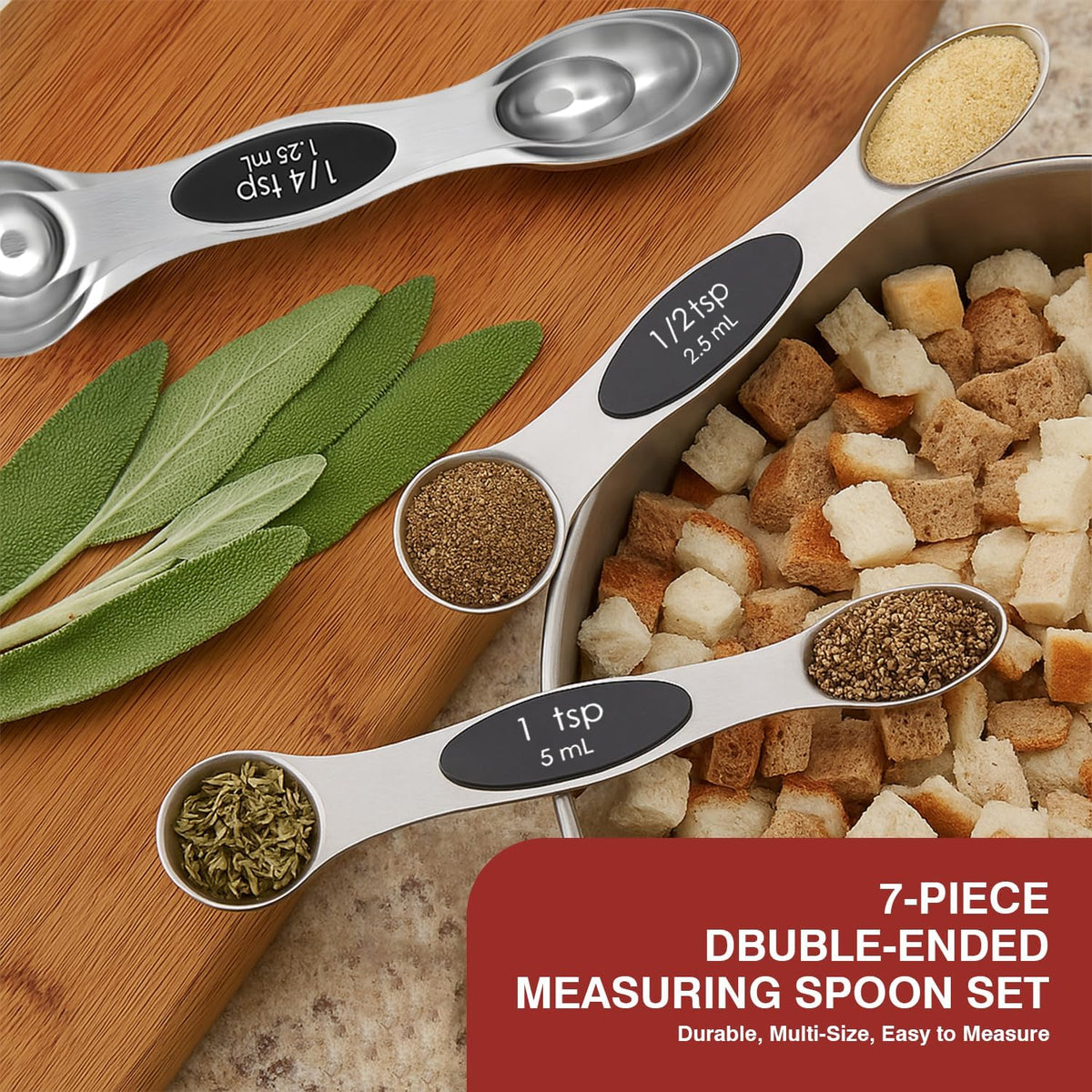 Magnetic Measuring Spoons Set with Strong N45 Magnets, Heavy Duty Stainless Steel Metal, Fits in Most Kitchen Spice Jars for Baking & Cooking, BPA Free, Set of 7 with Levelerl, Multicolour