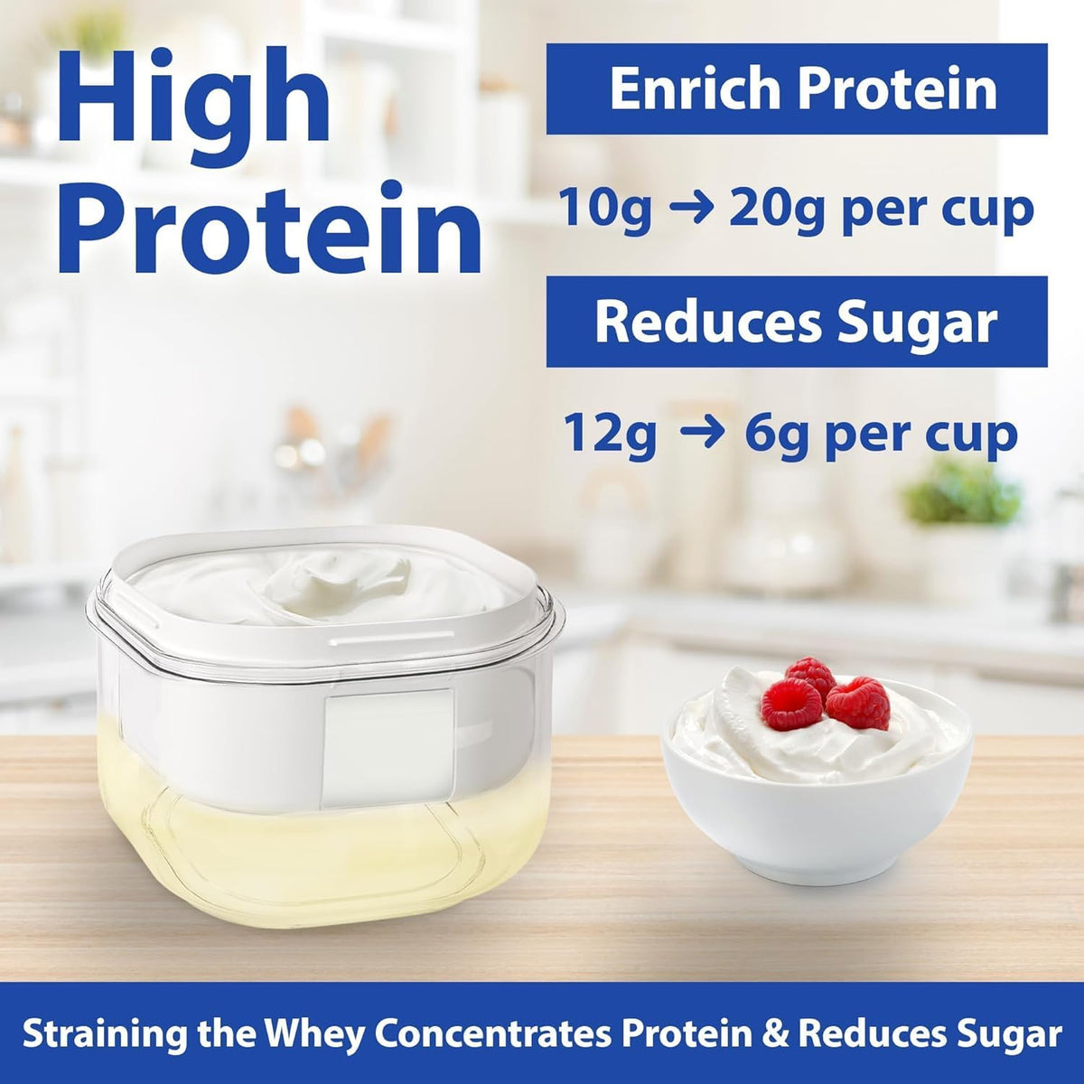 Greek Yogurt Strainer, 2.3 Quart Fine Mesh Greek Yogurt Maker & Whey Separator for Thick High Protein Greek Yogurt, Labneh & Kefir, BPA-Free, Dishwasher Safe, Recipe Book