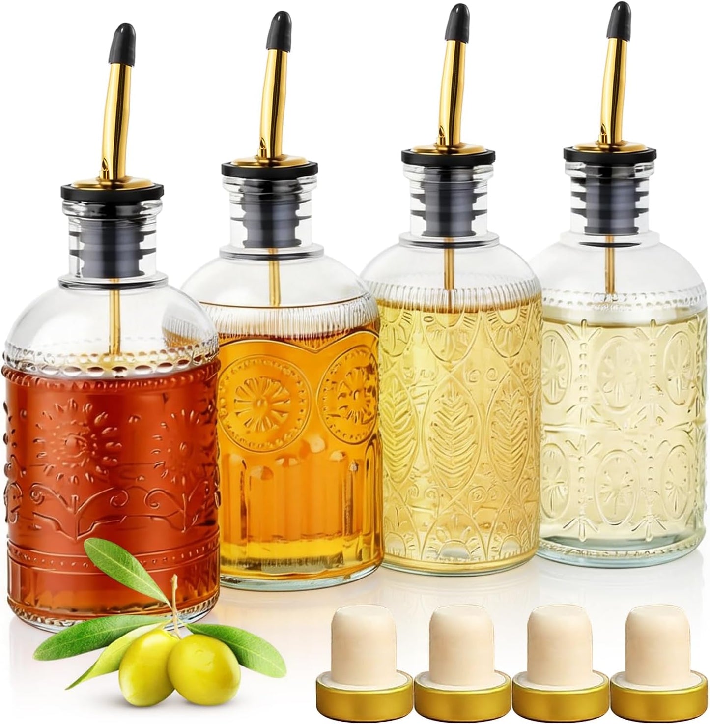 4 Pcs Olive Oil Dispenser Bottle for Kitchen,17oz Clear Glass Oil and Vinegar Dispenser Bottle Set, Classic Coffee Syrup Dispenser with 4 Stainless Steel Spouts and 1 Funnel (Round)