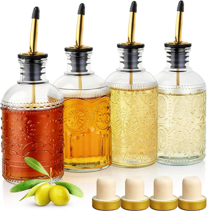 4 Pcs Olive Oil Dispenser Bottle for Kitchen,17oz Clear Glass Oil and Vinegar Dispenser Bottle Set, Classic Coffee Syrup Dispenser with 4 Stainless Steel Spouts and 1 Funnel (Round)
