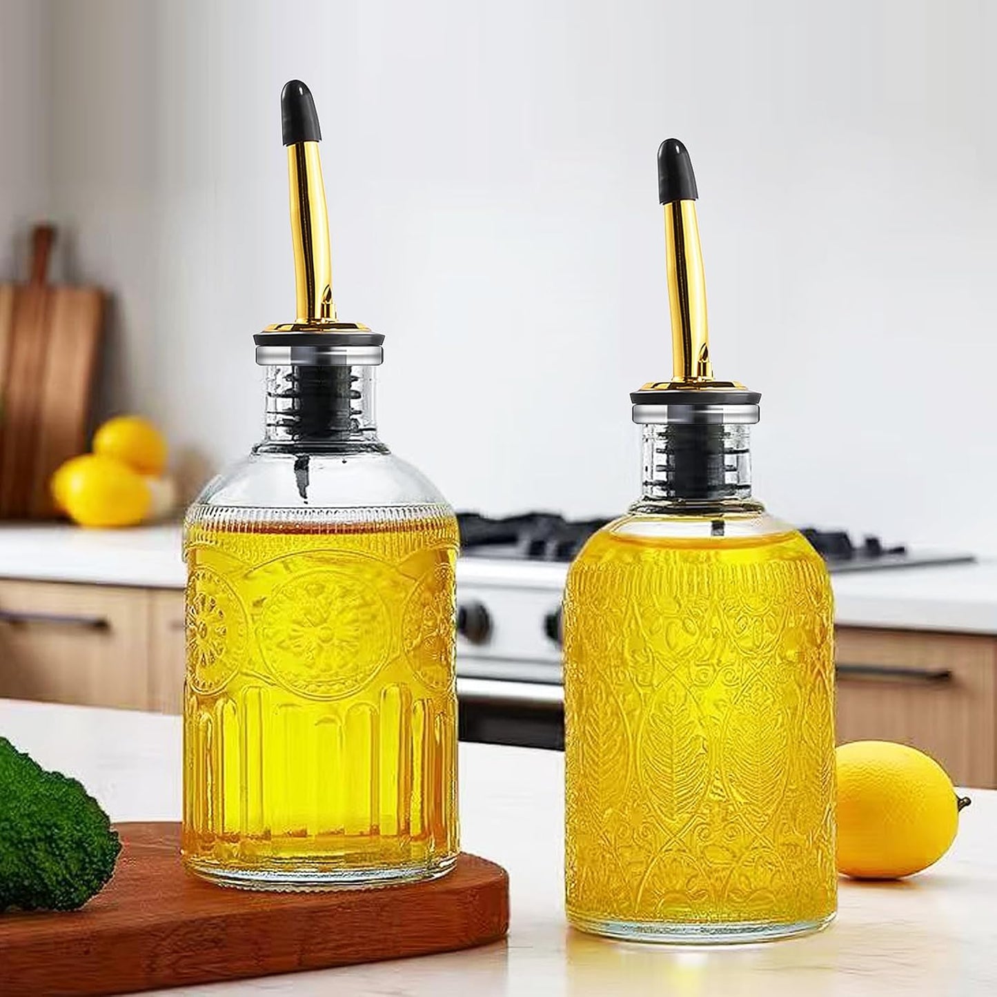 4 Pcs Olive Oil Dispenser Bottle for Kitchen,17oz Clear Glass Oil and Vinegar Dispenser Bottle Set, Classic Coffee Syrup Dispenser with 4 Stainless Steel Spouts and 1 Funnel (Round)