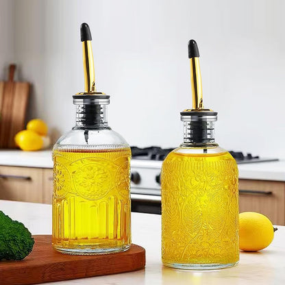 4 Pcs Olive Oil Dispenser Bottle for Kitchen,17oz Clear Glass Oil and Vinegar Dispenser Bottle Set, Classic Coffee Syrup Dispenser with 4 Stainless Steel Spouts and 1 Funnel (Round)