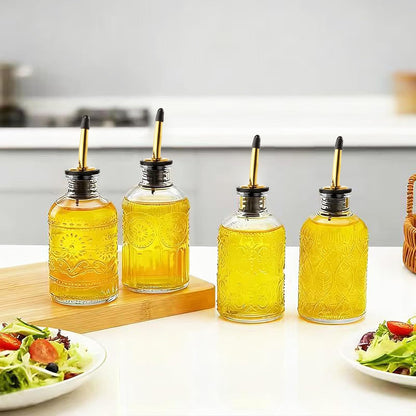 4 Pcs Olive Oil Dispenser Bottle for Kitchen,17oz Clear Glass Oil and Vinegar Dispenser Bottle Set, Classic Coffee Syrup Dispenser with 4 Stainless Steel Spouts and 1 Funnel (Round)