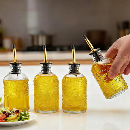 4 Pcs Olive Oil Dispenser Bottle for Kitchen,17oz Clear Glass Oil and Vinegar Dispenser Bottle Set, Classic Coffee Syrup Dispenser with 4 Stainless Steel Spouts and 1 Funnel (Round)