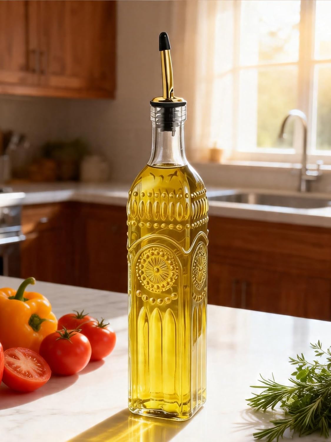 4 Pcs Olive Oil Dispenser Bottle for Kitchen,17oz Clear Glass Oil and Vinegar Dispenser Bottle Set, Classic Coffee Syrup Dispenser with 4 Stainless Steel Spouts and 1 Funnel (Round)