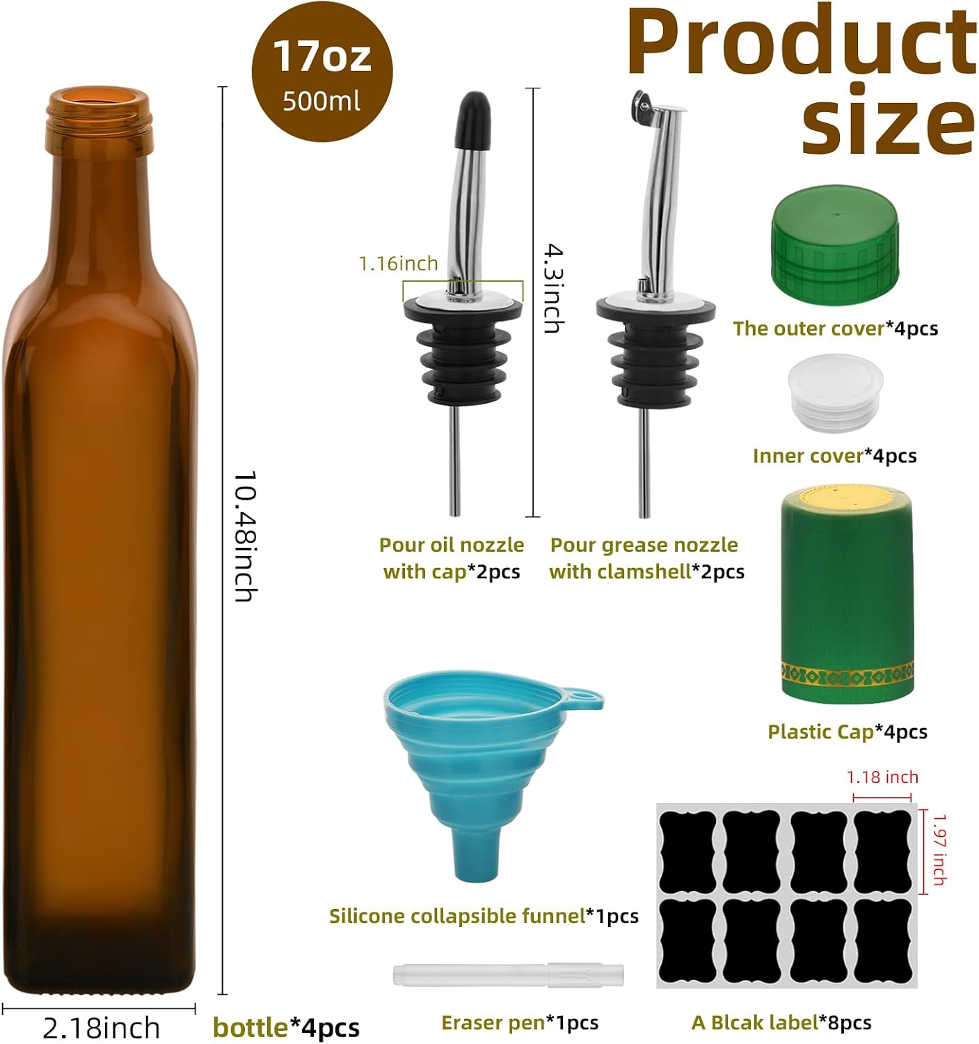 17oz 4 Pcs Olive Oil Dispenser Bottle,500ml Glass Oil and Vinegar Dispenser Set with 4 Stainless Steel Pourers, 8 Labels,Funnel Oil Bottles for Kitchen (Brown)