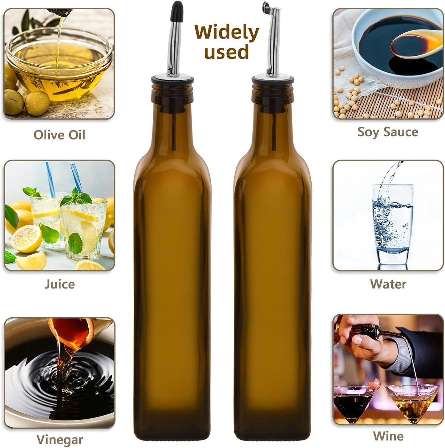 17oz 4 Pcs Olive Oil Dispenser Bottle,500ml Glass Oil and Vinegar Dispenser Set with 4 Stainless Steel Pourers, 8 Labels,Funnel Oil Bottles for Kitchen (Brown)