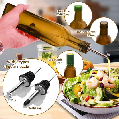 17oz 4 Pcs Olive Oil Dispenser Bottle,500ml Glass Oil and Vinegar Dispenser Set with 4 Stainless Steel Pourers, 8 Labels,Funnel Oil Bottles for Kitchen (Brown)