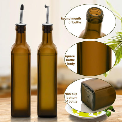 17oz 4 Pcs Olive Oil Dispenser Bottle,500ml Glass Oil and Vinegar Dispenser Set with 4 Stainless Steel Pourers, 8 Labels,Funnel Oil Bottles for Kitchen (Brown)