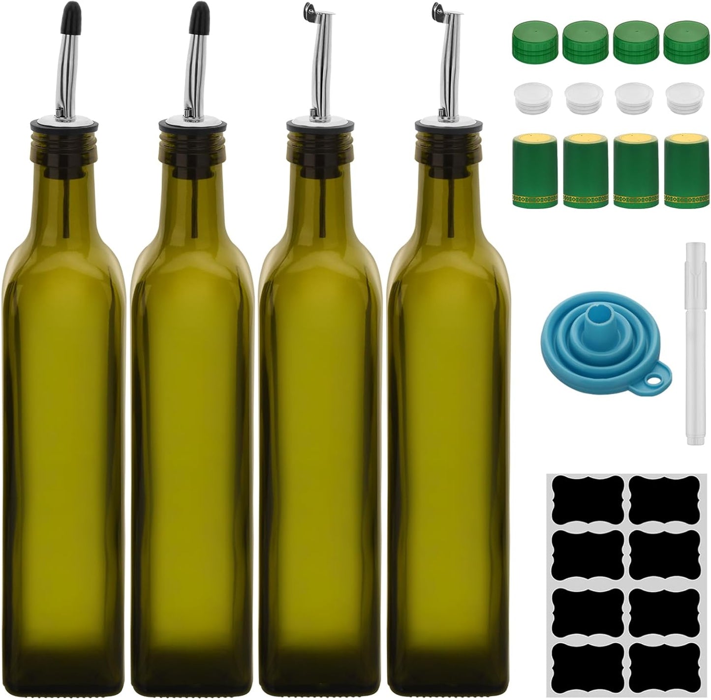 17oz 4 Pcs Olive Oil Dispenser Bottle,500ml Glass Oil and Vinegar Dispenser Set with 4 Stainless Steel Pourers, 8 Labels,Funnel Oil Bottles for Kitchen (Brown)