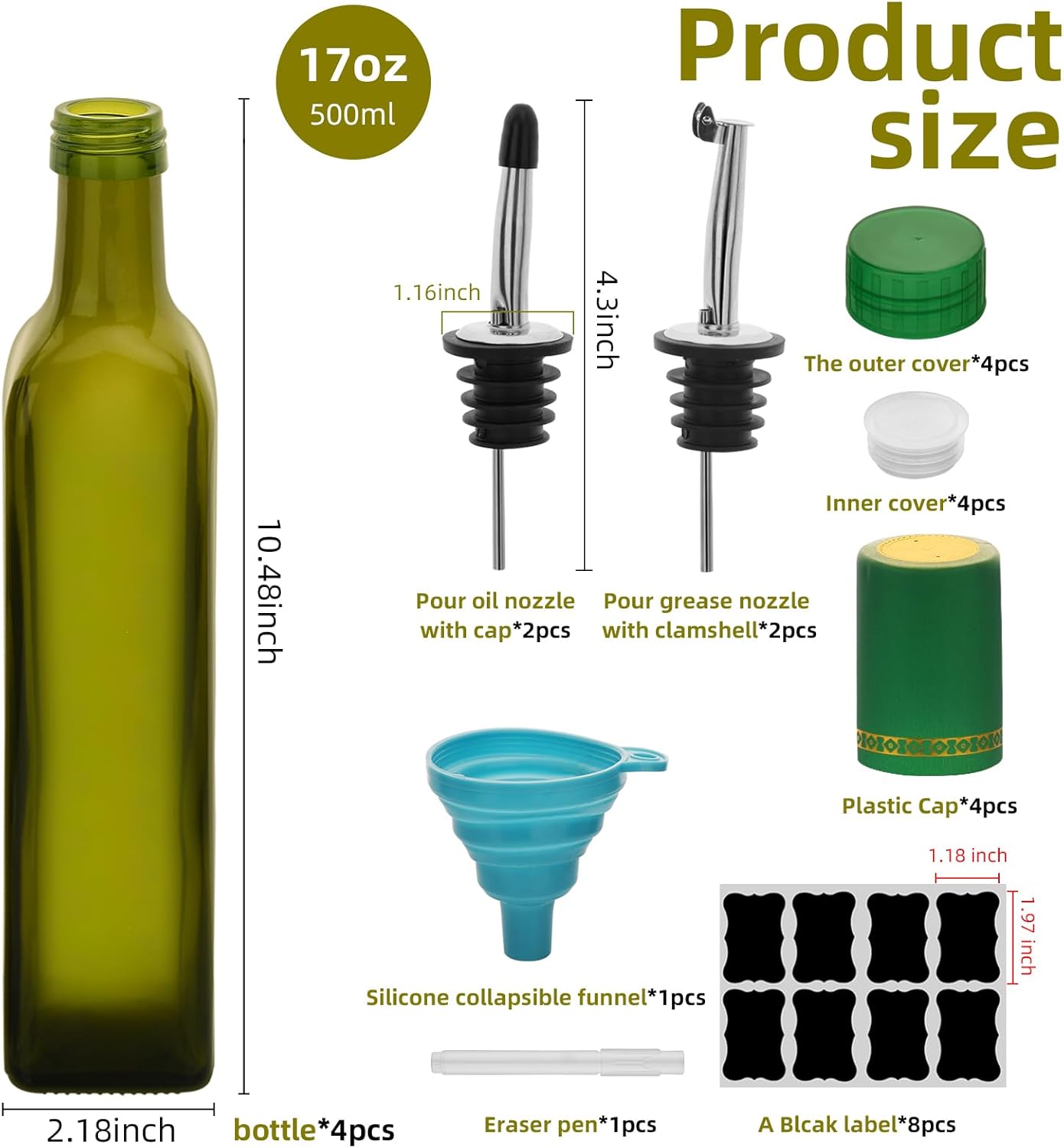 17oz 4 Pcs Olive Oil Dispenser Bottle,500ml Glass Oil and Vinegar Dispenser Set with 4 Stainless Steel Pourers, 8 Labels,Funnel Oil Bottles for Kitchen (Brown)