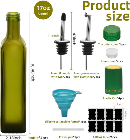 17oz 4 Pcs Olive Oil Dispenser Bottle,500ml Glass Oil and Vinegar Dispenser Set with 4 Stainless Steel Pourers, 8 Labels,Funnel Oil Bottles for Kitchen (Brown)