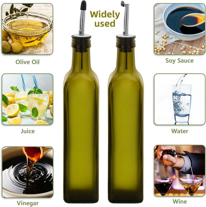 17oz 4 Pcs Olive Oil Dispenser Bottle,500ml Glass Oil and Vinegar Dispenser Set with 4 Stainless Steel Pourers, 8 Labels,Funnel Oil Bottles for Kitchen (Brown)