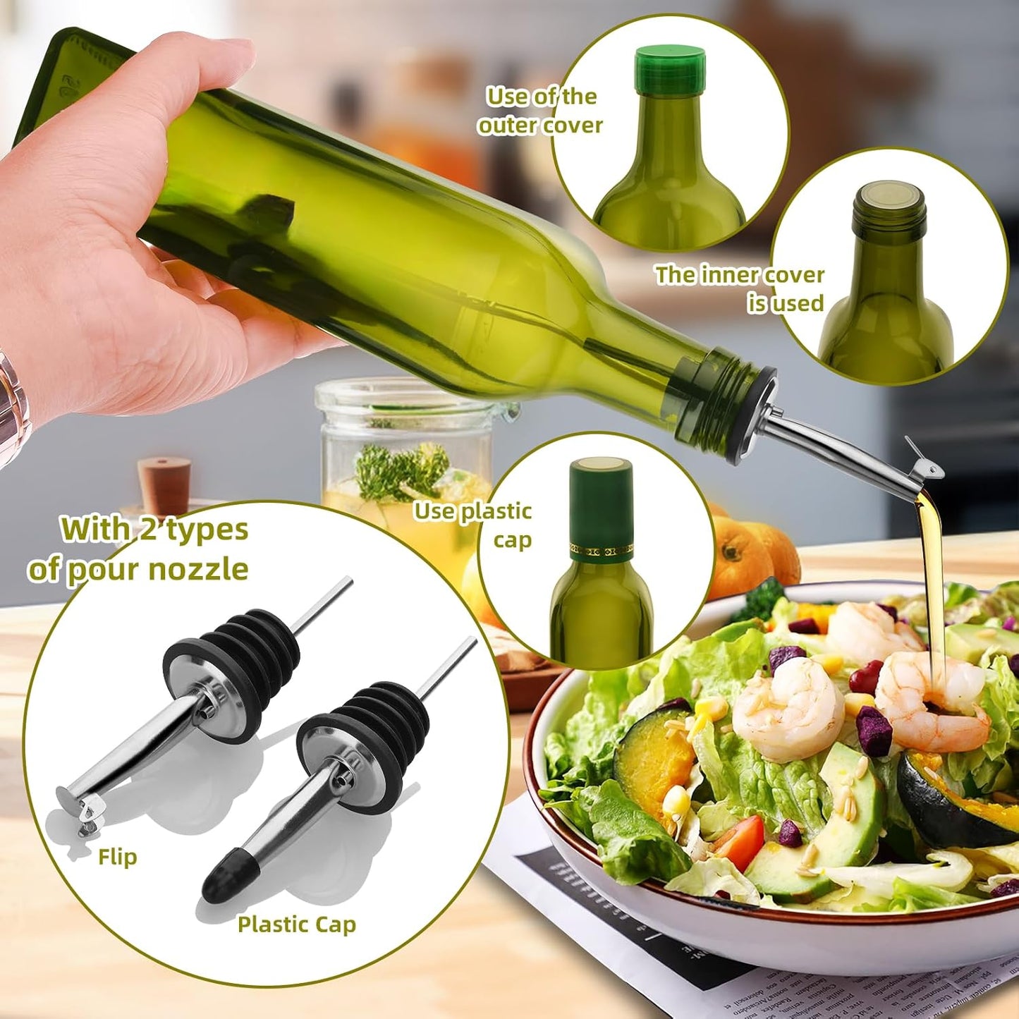 17oz 4 Pcs Olive Oil Dispenser Bottle,500ml Glass Oil and Vinegar Dispenser Set with 4 Stainless Steel Pourers, 8 Labels,Funnel Oil Bottles for Kitchen (Brown)