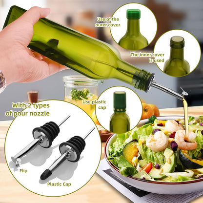 17oz 4 Pcs Olive Oil Dispenser Bottle,500ml Glass Oil and Vinegar Dispenser Set with 4 Stainless Steel Pourers, 8 Labels,Funnel Oil Bottles for Kitchen (Brown)