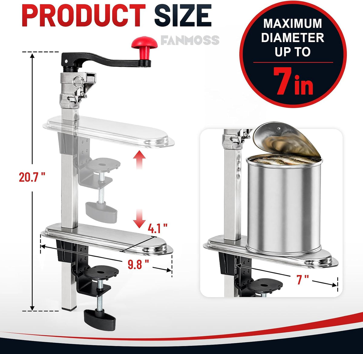 Commercial Can Opener, Manual Stainless Steel Table Can Openers, Industrial can opener for 10 cans Up to 11” Tall, Manual Can Opener with Plated Steel Base Stainless Steel Blade For Bars Hotel Kitchen